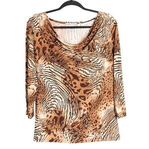 Vintage Suzie Leopard Print Shirt L Womens New Cowl Neck 3/4 Sleeves Brown Green